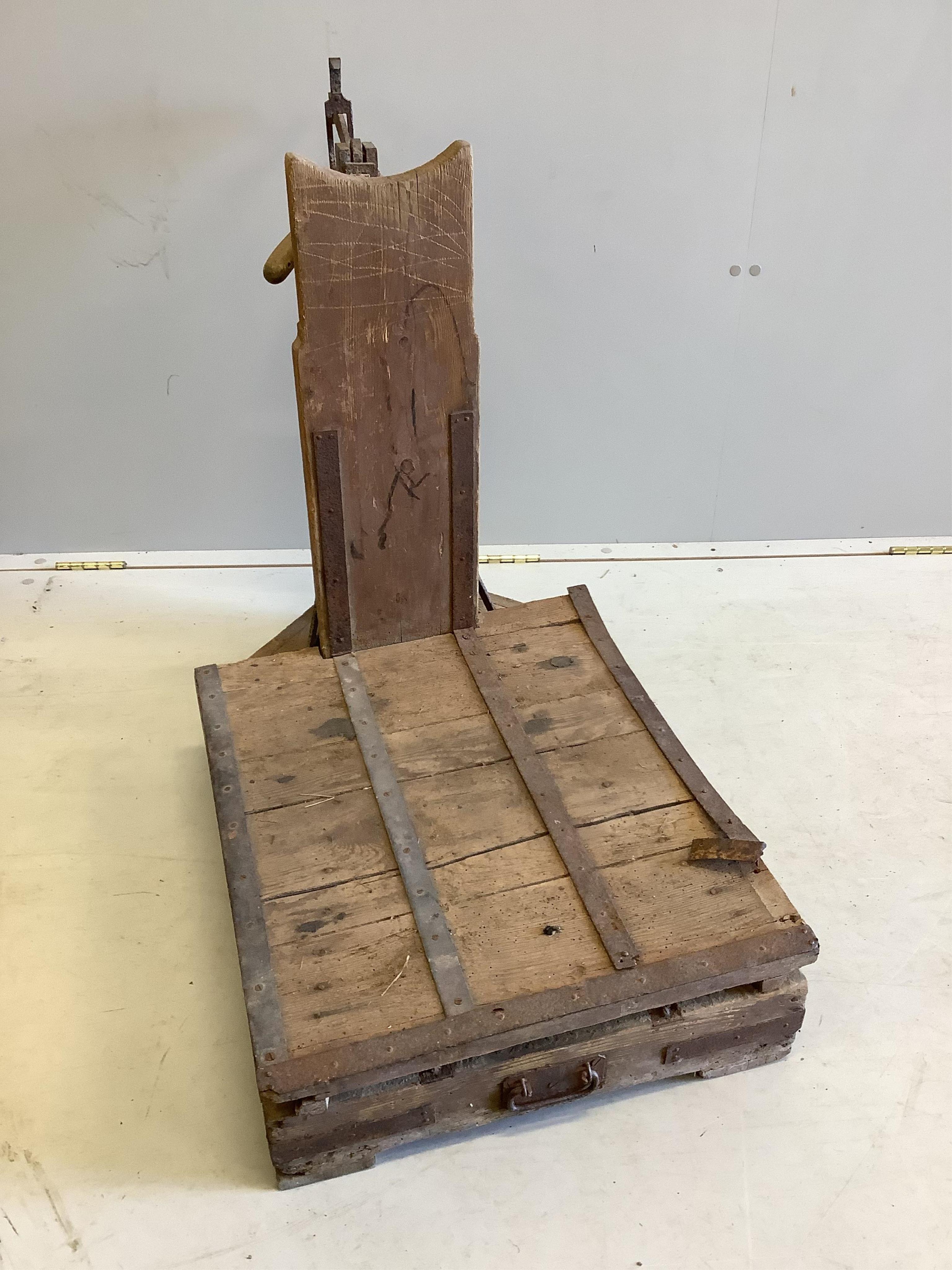 A set of iron bound wood sack scales, height 70cm